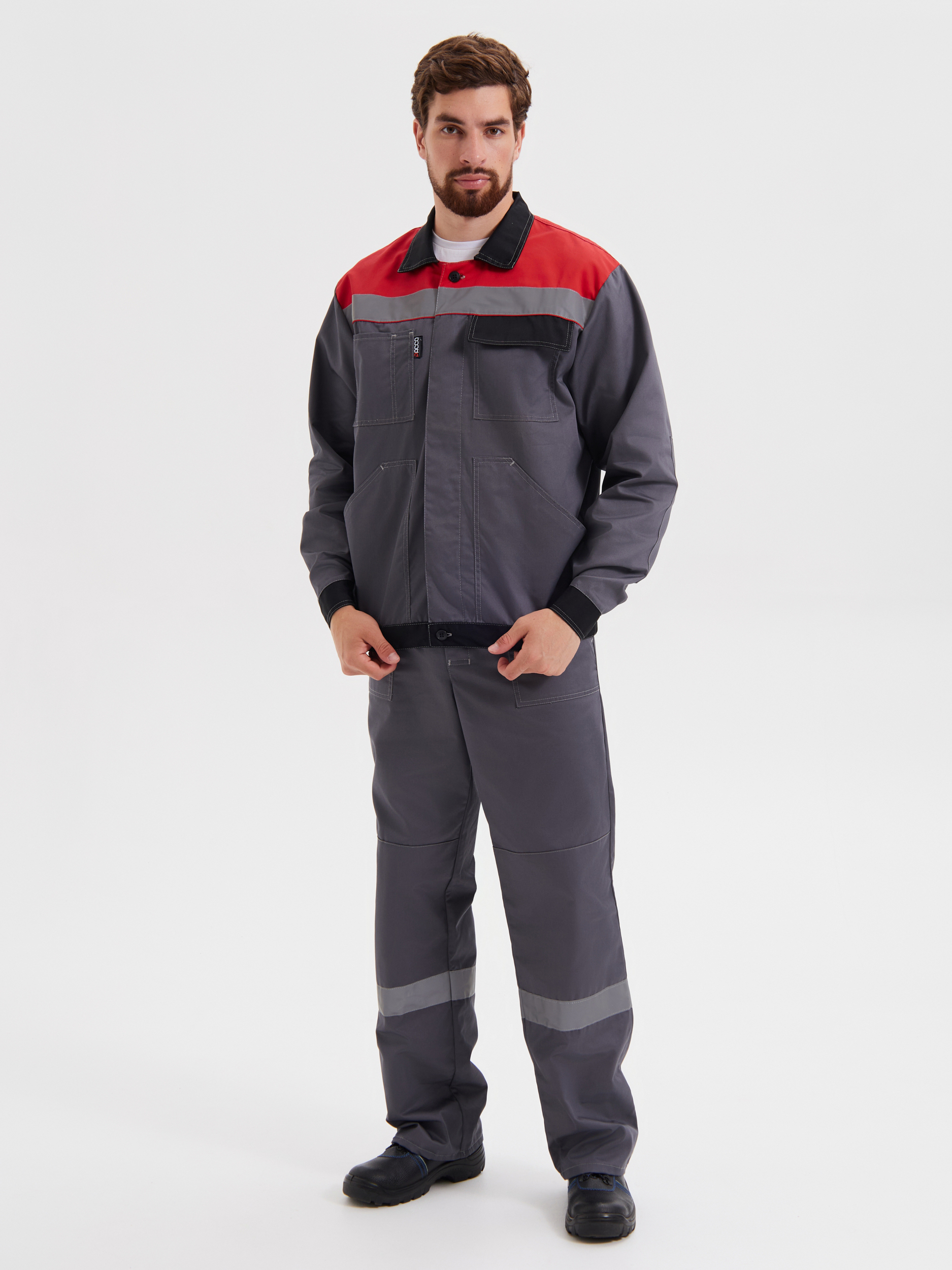 Костюм «Корпус» (куртка+БРЮКИ) тк. смесовая 65/35, пл. 240 г/м2, цв. т.серый/черный/красный